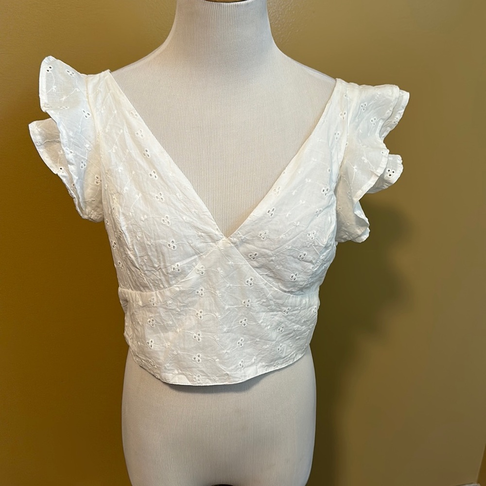 Japna White Eyelet V-Neck Crop Top with Ruffle Sleeves
